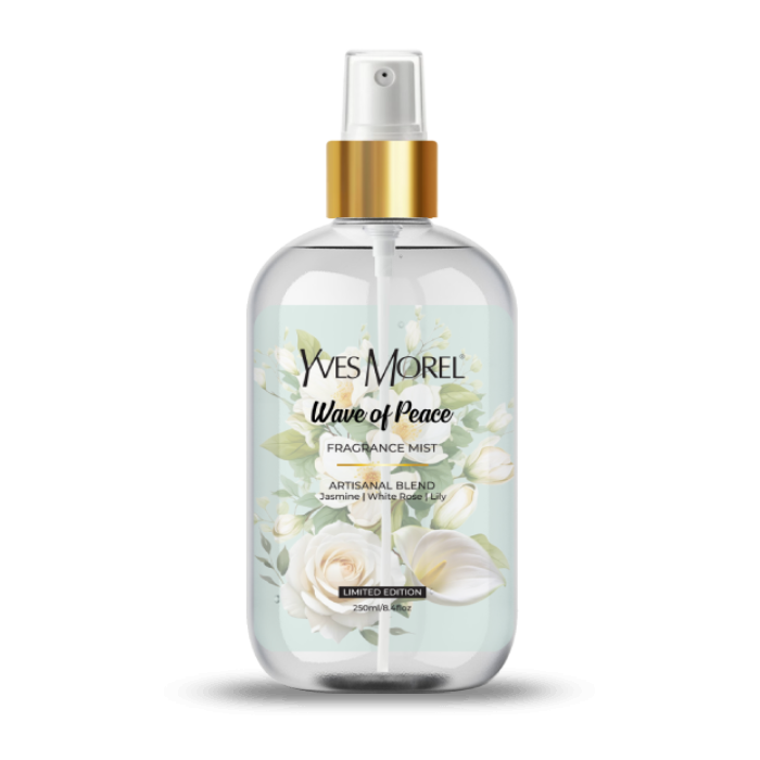 A bottle of Wave of Peace Fragrance Mist, elegantly designed, surrounded by delicate jasmine, white rose, and lily flowers. The luxurious mist promises a long-lasting, refreshing floral scent, perfect for adding confidence and sophistication to any occasion.